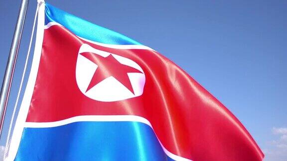 蓝天下飘扬的朝鲜国旗
