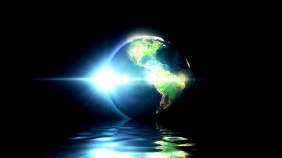 地球上的太阳升起水滴在反射的表面