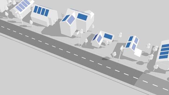 太阳能电池板房屋和街道3d循环动画