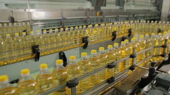葵花籽油的瓶子在生产线上移动