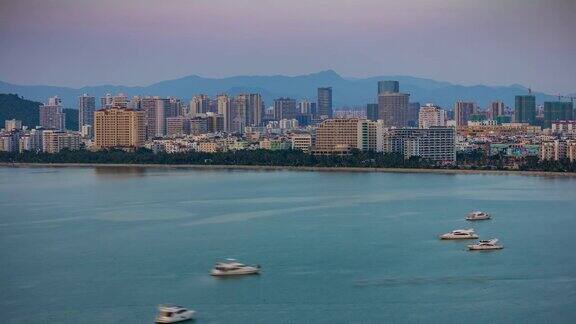 日落时间三亚城市湾屋顶全景4k时间推移海南岛中国