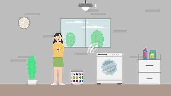 女人用手机控制洗衣房