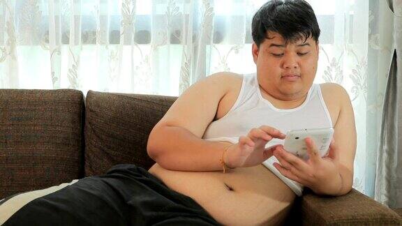亚洲胖子坐在沙发上玩平板电脑
