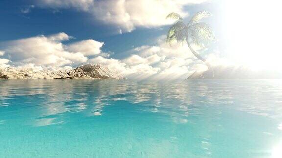 阳光照耀着椰子树和蓝色的大海
