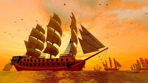 一艘古老的帆船在晨曦中航行