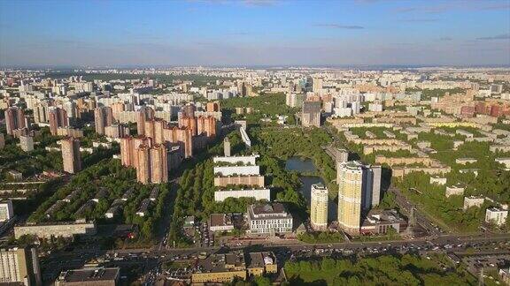 俄罗斯莫斯科城市景观西南区阳光空中全景图4k