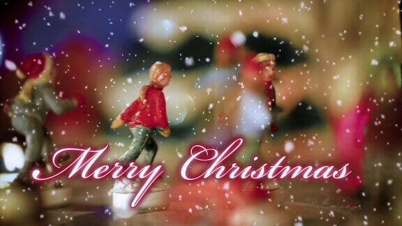 圣诞快乐的文字排版设计在红色与玩具圣诞村的场景和小雕像的溜冰者在雪的背景下-特写视图-圣诞活动