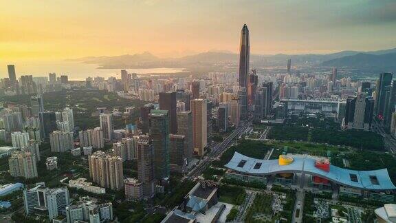 中国深圳市景大楼日落天空市中心市政厅航拍