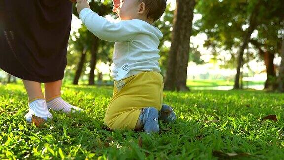 妈妈教宝宝学会草地上的第一步独立的第一步