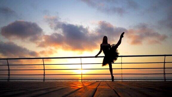 在日落一个穿着黑色芭蕾舞裙的芭蕾舞女演员