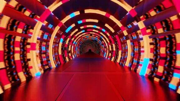 4K视频动画的多色霓虹灯环形隧道环路光滑坡道或地板