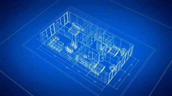 美丽的抽象3d蓝图建筑公寓与家具打开蓝色背景最后一个回合是可循环的毛圈的3d动画建筑业