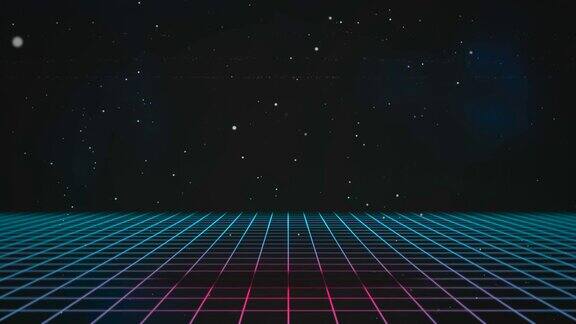 80年代风格的蓝色霓虹灯网格与天空星星
