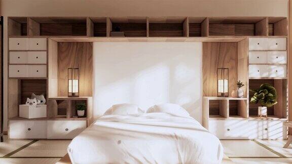 卧室日式简约风格现代白墙和木地板房间极简主义三维渲染