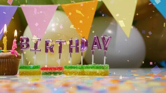 任何年龄的生日背景快乐生日蛋糕和燃烧的蜡烛带有掉落糖果的生日屏幕保护程序