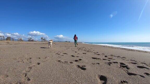 快乐的男孩和她的狗在海滩上奔跑