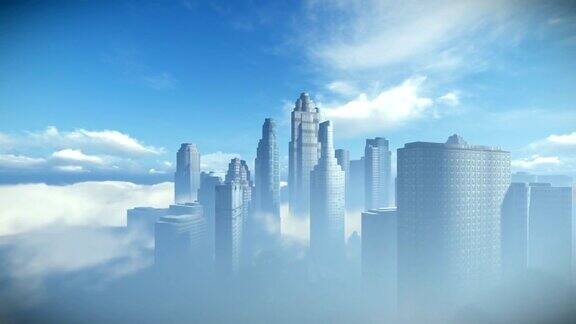 城市的映衬着蓝天飞过云层