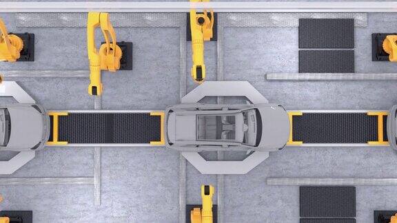 3D汽车工厂动画制造高科技电动汽车的自动化机械臂工业生产输送机