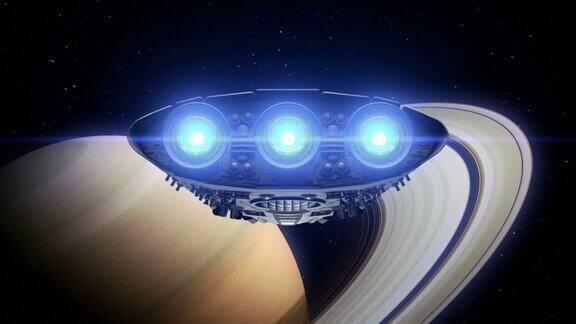 外星飞船正在接近土星明亮的引擎闪烁3d动画行星的纹理是在图形编辑器中创建的没有照片和其他图像