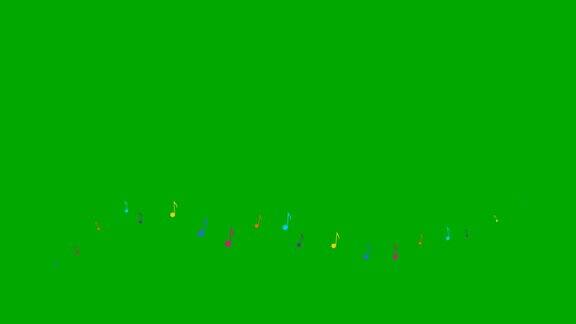 彩色的动画笔记从左到右飞来飞去一波飞来飞去的音符音乐矢量插图孤立在绿色背景上
