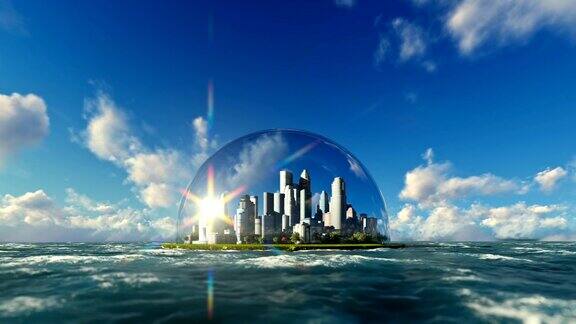现代城市在一个玻璃穹顶上的海洋时间流逝的日出