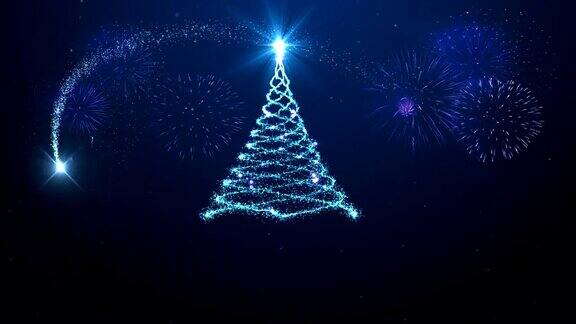 快乐的圣诞树背景与烟花蓝色的背景