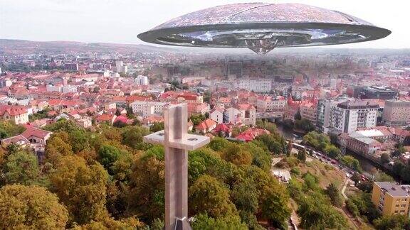 外星人飞碟在欧洲大城市上空飞行空中