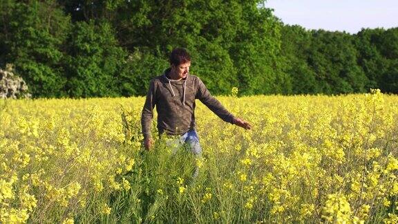 人走在草地上在野花中在乡村的黄花中