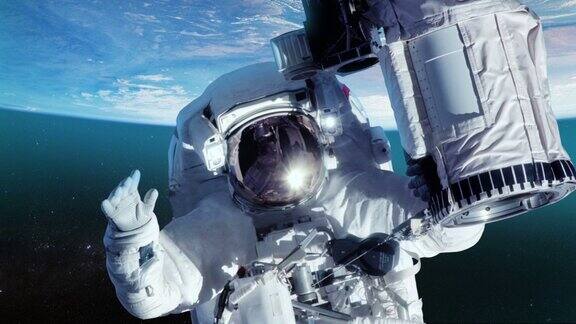 宇航员在外太空对抗地球特写镜头