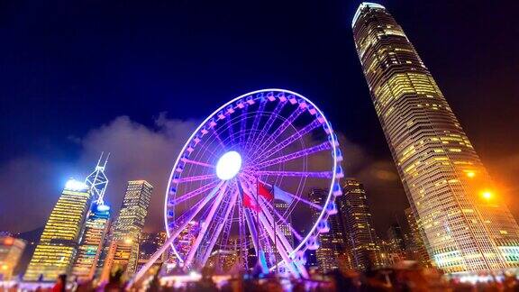 夜间香港观景摩天轮香港旅游地标4K时光流逝