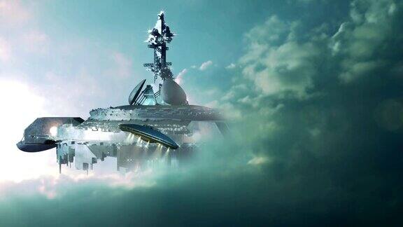 不明飞行物接近巨大的母舰在云