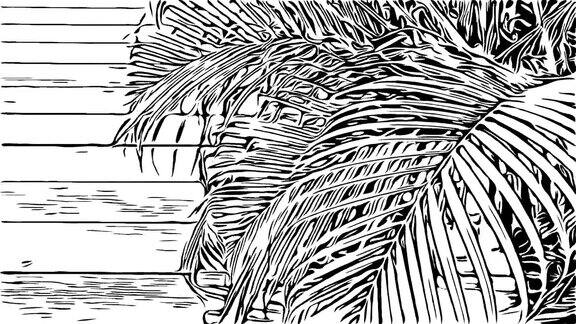 动漫卡通涂鸦风格温泉花园郁郁葱葱的树叶阳台景观木地板