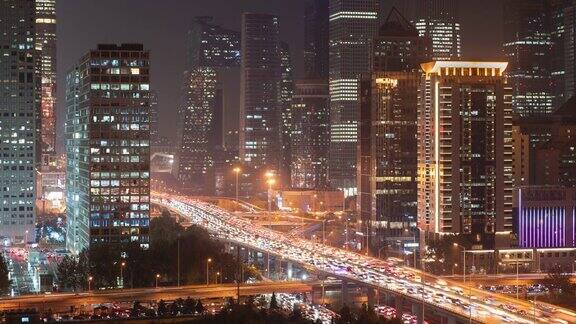 间隔拍摄北京地标高楼大厦夜间城市交通流中国