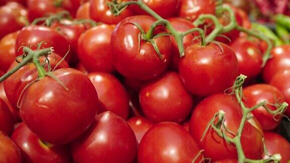 新鲜的生西红柿在市场的柜台
