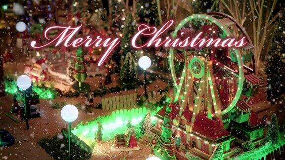 玩具圣诞村场景与大车轮下满灯的雪有«圣诞快乐»文字写在红色的动画排版设计-圣诞事件