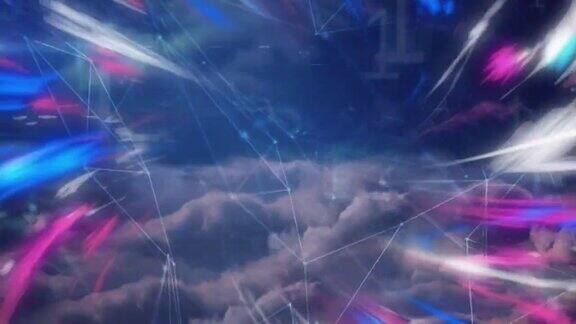 在多云的天空上蓝色和粉红色的灯光连接网络的动画