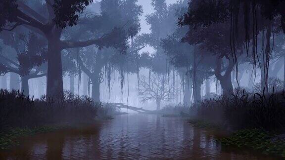 梦幻森林与幽灵树和平静的河流在夜间3D动画