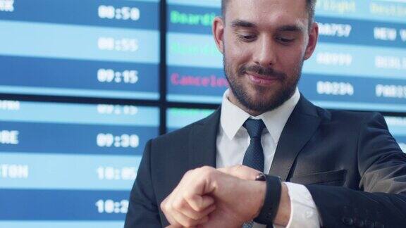 商人在机场的信息板旁边看智能手表