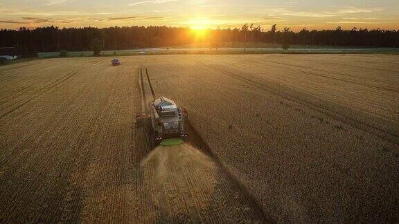 无人机拍摄的联合收割机在日落时分在田里工作