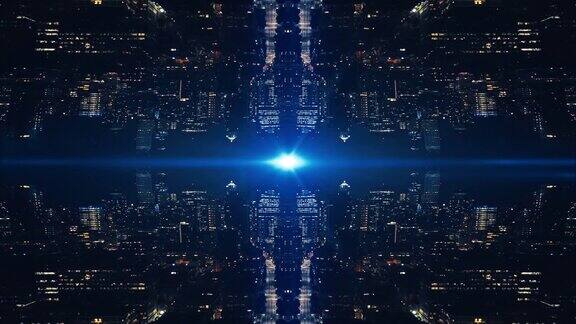 未来技术背景反射镜城市建筑在夜间空中