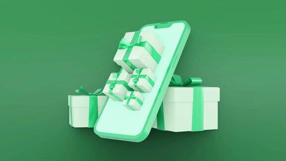 手机和礼物的循环动画3d渲染绿色背景-斯托克视频
