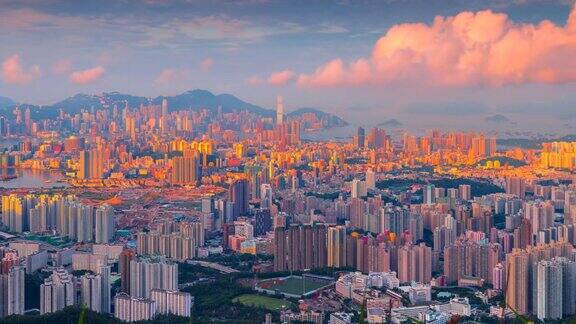 4k延时日出香港城市景观香港九龙山顶全景