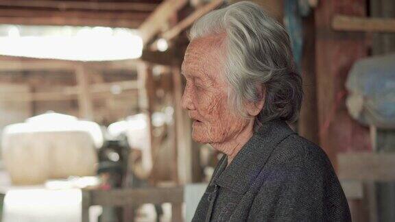 中等近距离拍摄的年长妇女与短灰头发坐在和谈论在当地的家亚洲资深妇女的肖像老年妇女