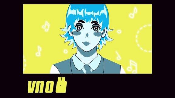 蓝色头发的卡哇伊女孩膨胀口香糖2D平面动画带有黄色“不坏的氛围”标题的动漫海报可爱的时尚Backgound漫画风格