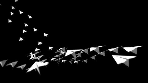 折纸飞机飞行黑色背景上流动的白纸平面动画创新业务邮件手工制作的纸飞机设计元素