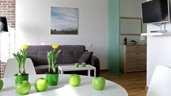 斯堪的纳维亚风格的新现代公寓的内部运动全景