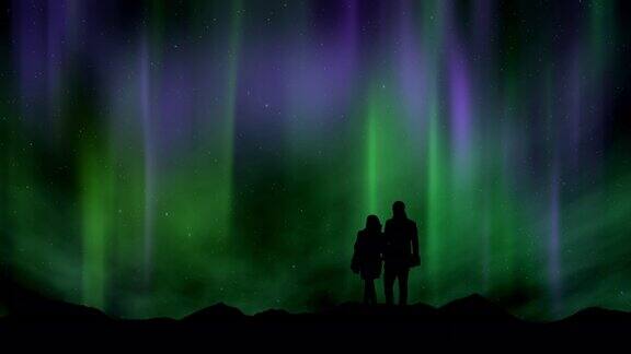 一对夫妇在看北极光和流星的剪影