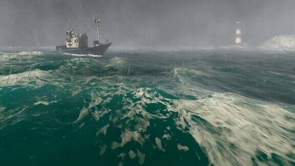 渔船和暴风雨中的灯塔