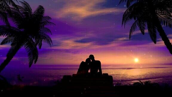 一对浪漫的情侣在海边遇见日落