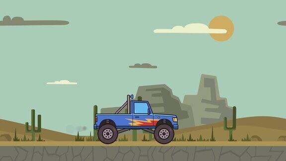 动画大轮怪物卡车通过峡谷沙漠在沙漠山区移动大脚卡车平面动画